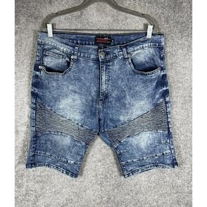 Chams Moto Jean Shorts Mens Size 38 Blue‎ Acid Wash Stretch Denim Pockets